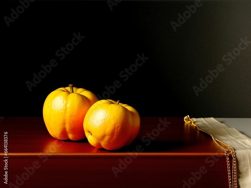 frutas sobre a mesa com cordão de ouro background estilo pintura antiga