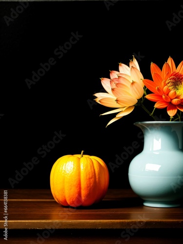 fruta e vaso buquê sobre mesa estilo pintura 