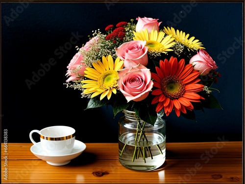 Flor e xicara sobre mesa estilo pintura 
