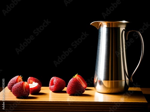jarra e morangos ou amoras sobre a mesa com fundo escuro foto de comida