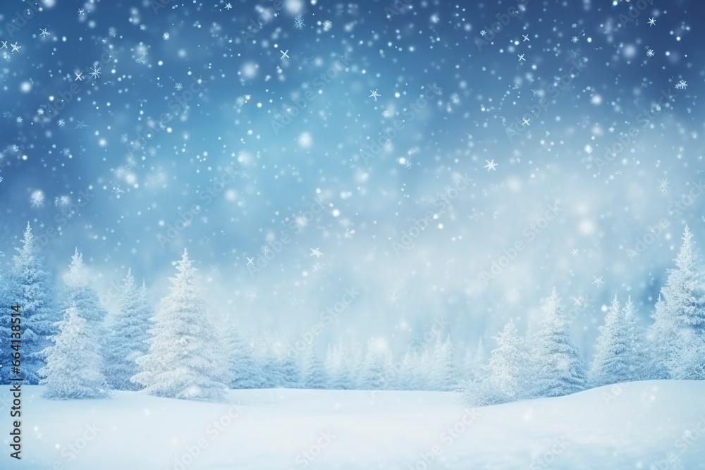 winter and christmas snowy background with snowdrifts and snow-covered blur forest. cold winter time, generative ai - obrazy, fototapety, plakaty 