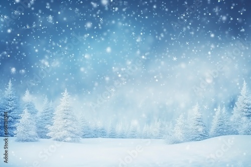 winter and christmas snowy background with snowdrifts and snow-covered blur forest. cold winter time, generative ai