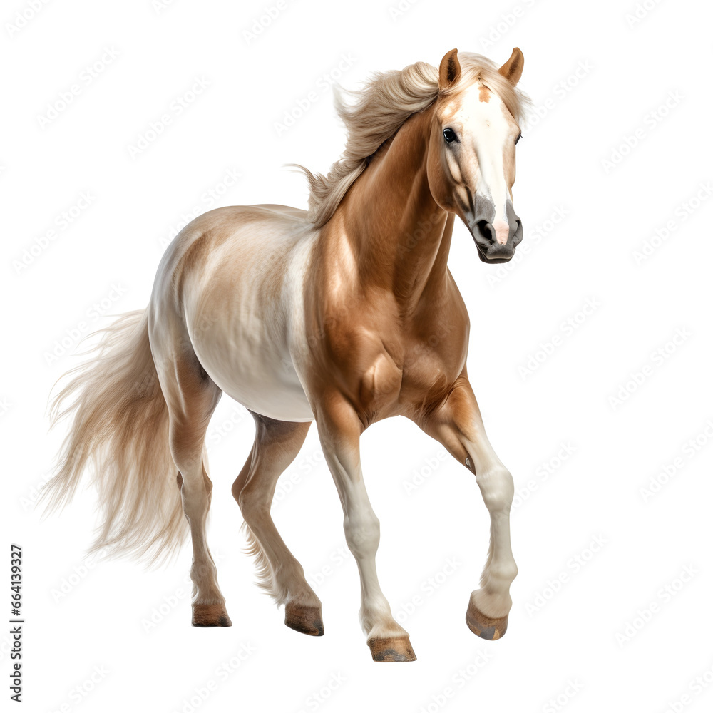 Fototapeta premium White horse standing with long mane, white horse galloping on transparent background (png)