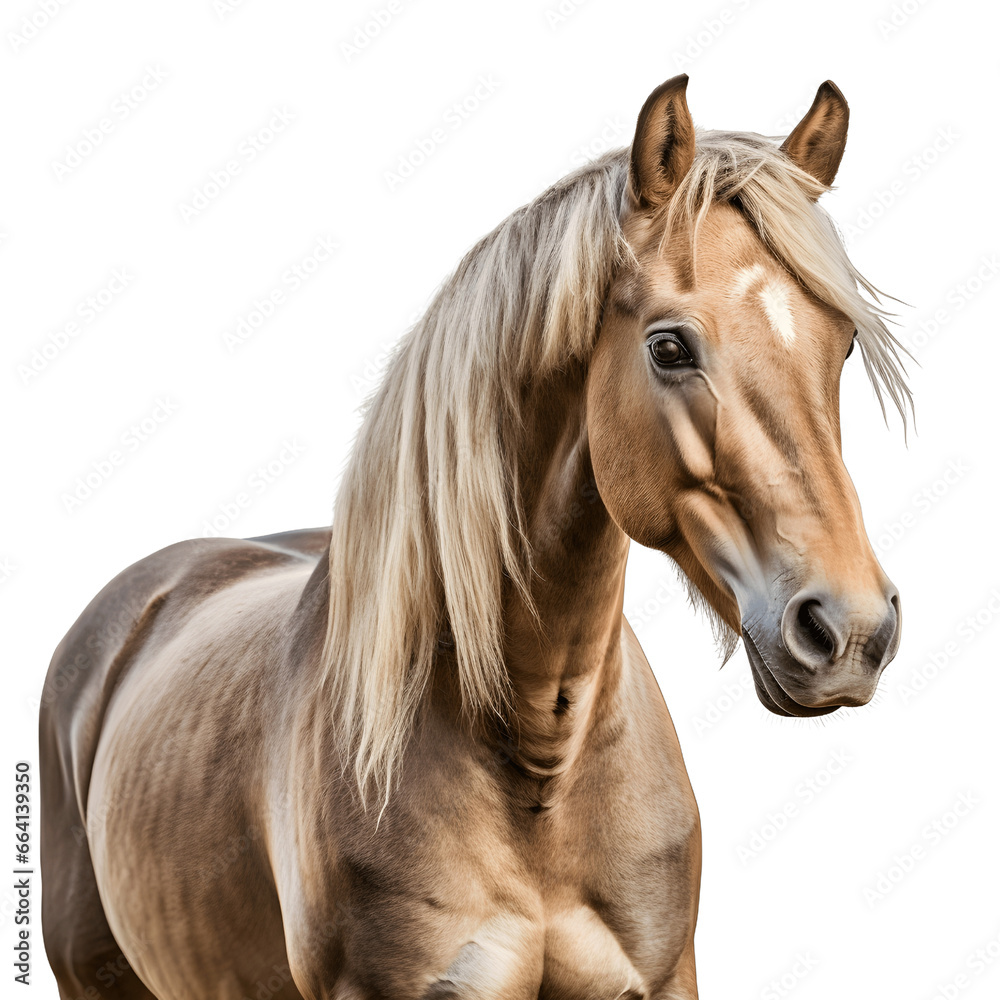 Fototapeta premium Portrait of arabian white horse with long mane isolated on white background cutout