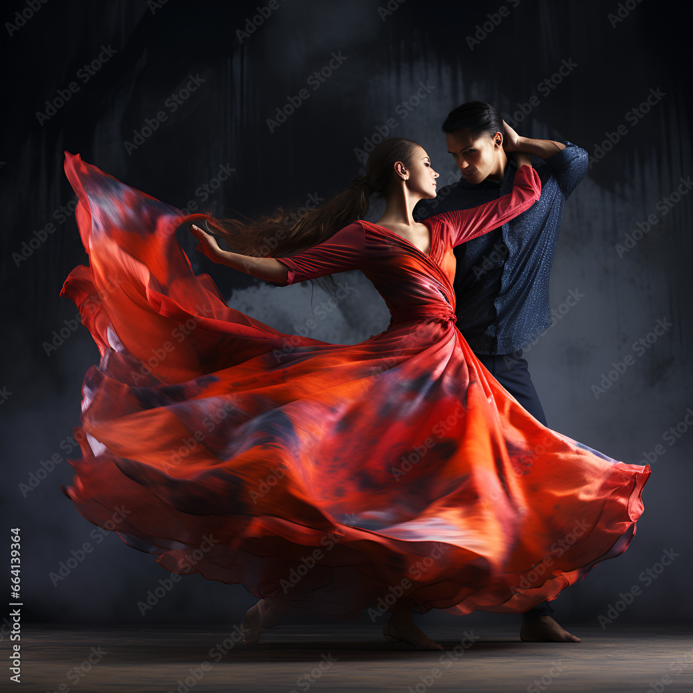 Woman in long red dress dancing tango with her partner in a passionate embrace. Generative AI - obrazy, fototapety, plakaty 
