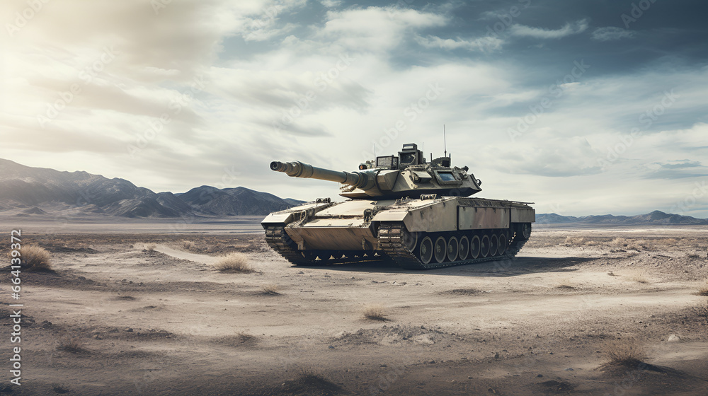 Tank in the desert. Modern warfare, modern technology. Generative AI Tank in the desert. Modern warfare, modern technology. Generative AI