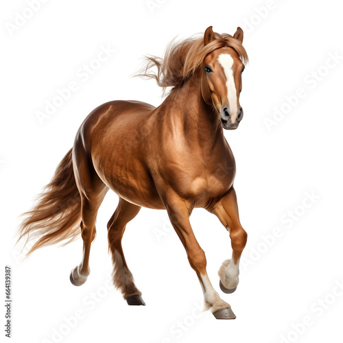 Welsh pony horse standing with long mane, brown horse galloping, brown horse standing on transparent background (png)