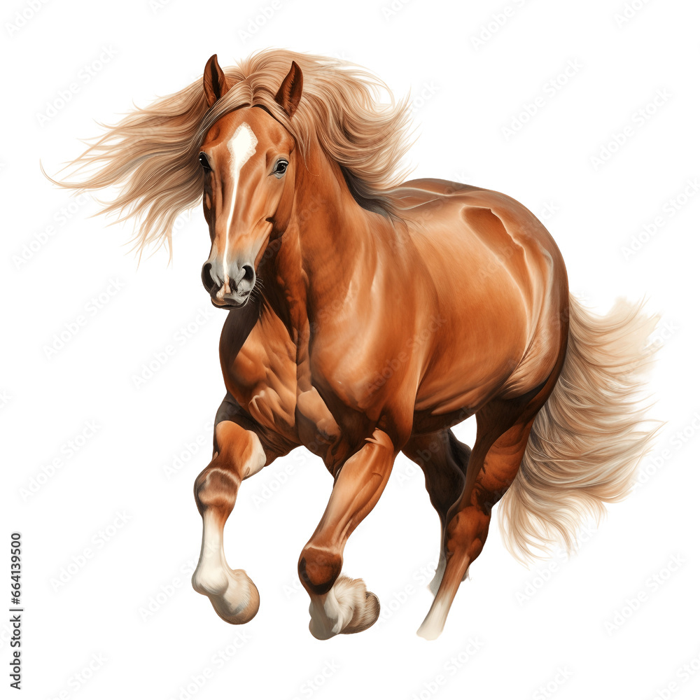 Obraz premium Horse (Welsh pony) standing with long mane, brown horse galloping isolated on transparent background