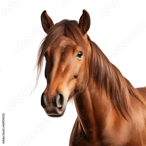 Close up of a horse head with pony and long mane on transparent background