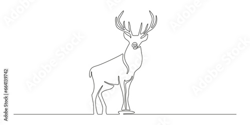 One continuous line drawing of reindeer. Wild animal deer with antlers silhouette for christmas symbol in simple linear style. National park elegance logo editable stroke. Doodle vector illustration