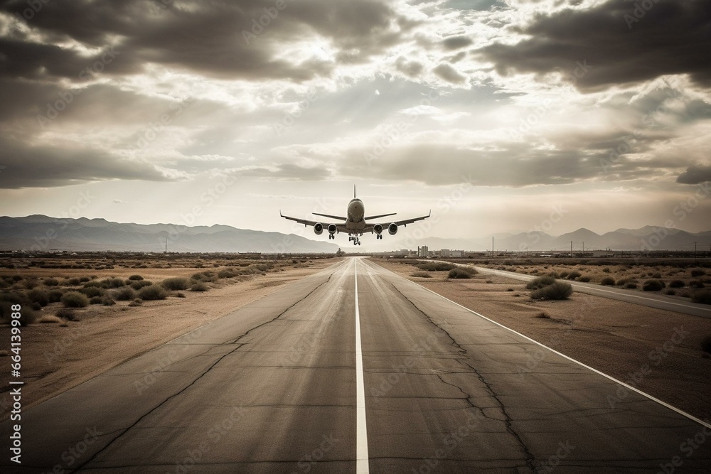 Airplane approaches landing strip. Generative AI - obrazy, fototapety, plakaty 