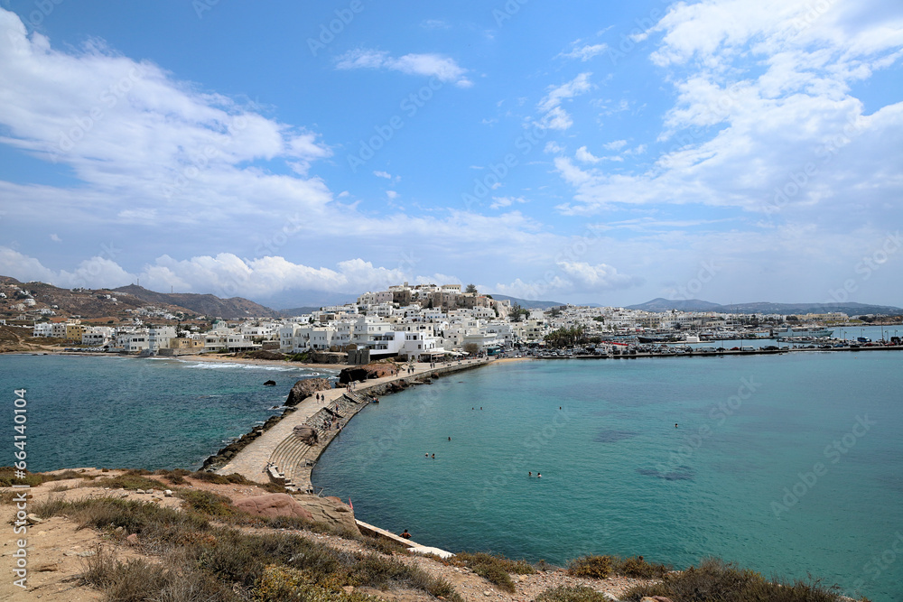 The Island of Naxos, Greece as seen from the islet of Palatia across the causeway.