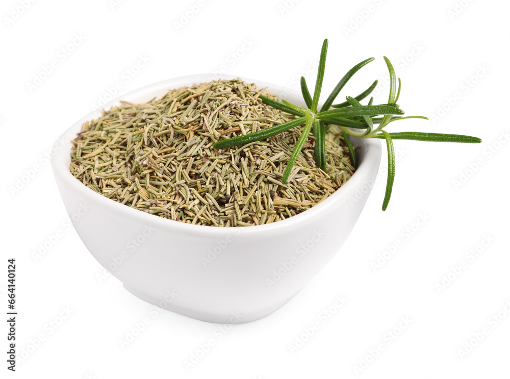 Bowl of fresh and dry rosemary isolated on white Bowl of fresh and dry rosemary isolated on white