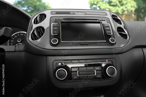 View of dashboard with vehicle audio in car © New Africa