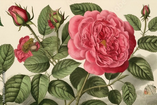 Antique Rosa Gallica Granatus illustration. Generative AI