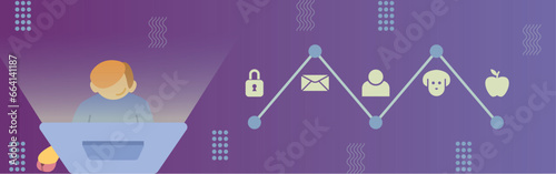 Background technology banner of a man working on computer next to a string of icons.