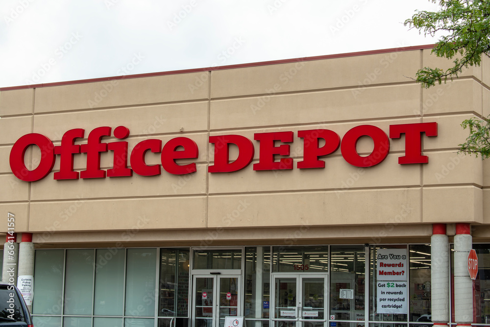 Showing a view of the entrance to an Office Depot store with the
