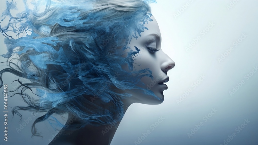 Portrait of young beautiful woman with healthy skin, with blue water waves made in the double exposure technique.