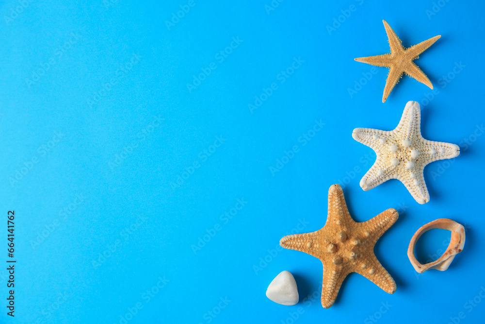 Beautiful starfishes and stone on blue background, flat lay. Space for text Beautiful starfishes and stone on blue background, flat lay. Space for text