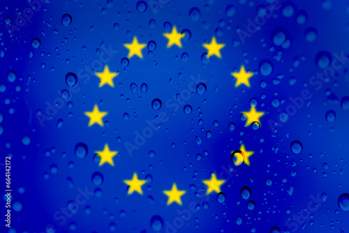 EU flag with rain droplets