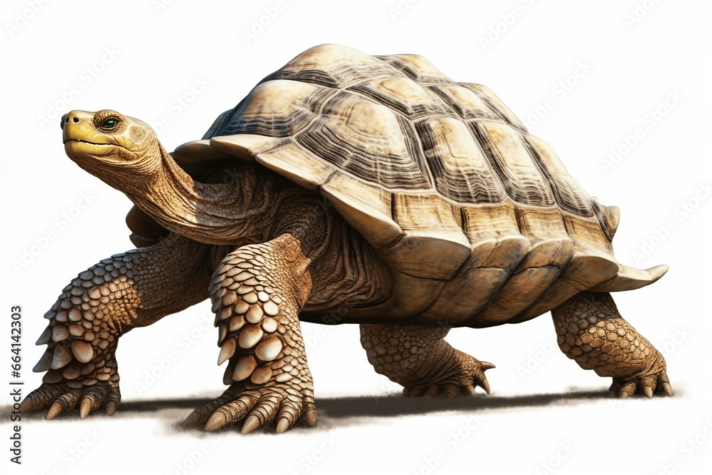 Obraz premium Big turtle moving on a separate white backdrop. Computer-generated image. Generative AI