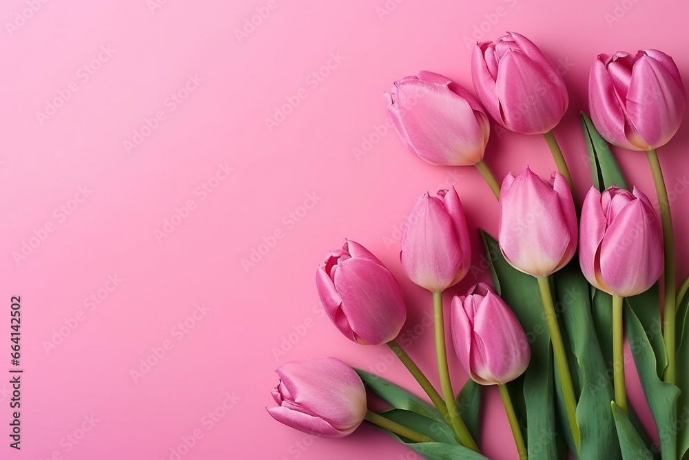 Pink tulips on background. Flat lay, top view. Generative AI