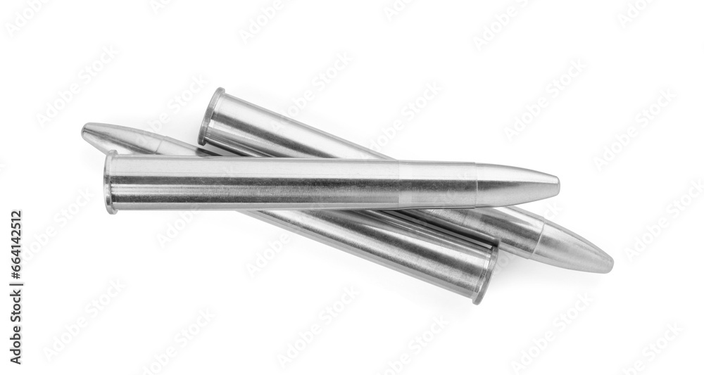 Metal bullets isolated on white, top view. Military ammunition Metal bullets isolated on white, top view. Military ammunition
