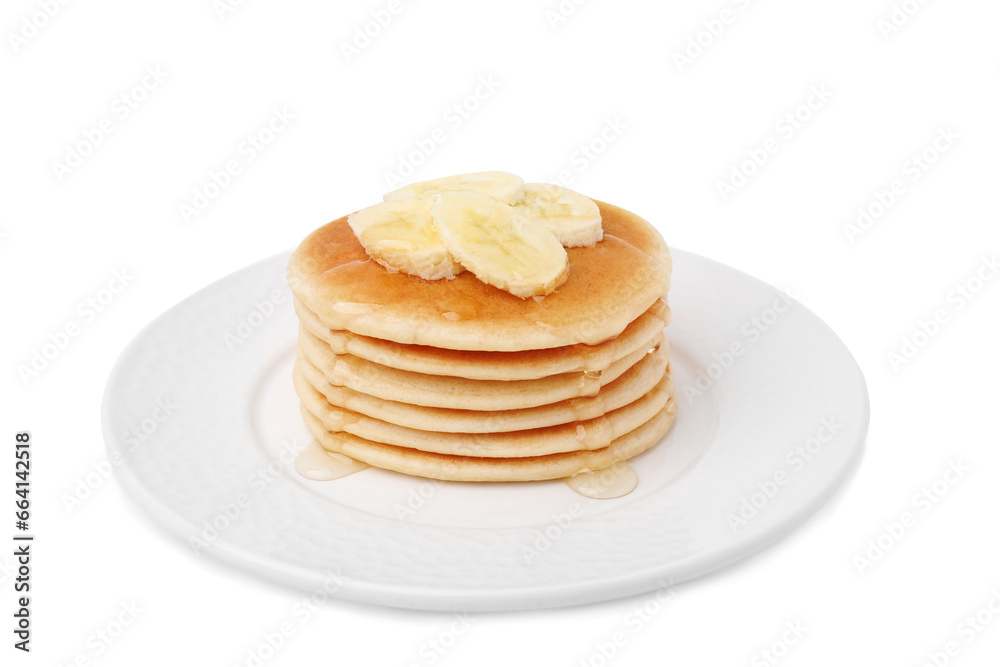 Delicious pancakes with banana slices and honey isolated on white