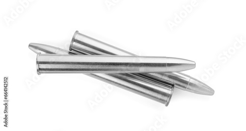 Metal bullets isolated on white, top view. Military ammunition