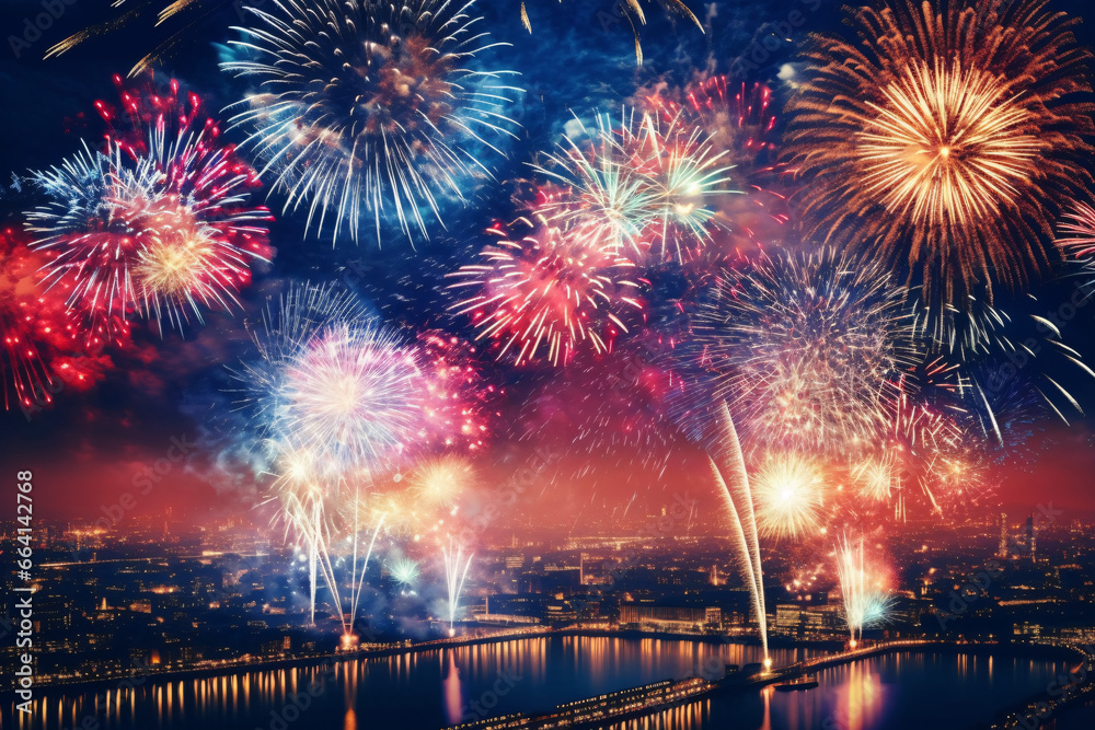 Colorful fireworks of various colors over night sky and cityscape background. Fireworks in the city - obrazy, fototapety, plakaty 