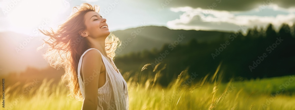 Backlit Portrait of calm happy smiling free woman with closed eyes enjoys a beautiful moment life on the fields at sunset - obrazy, fototapety, plakaty 