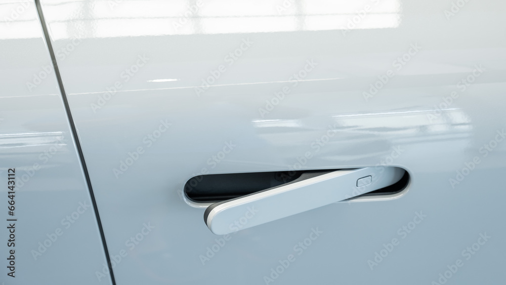 Close-up of an integrated handle in a car door. Fingerprint lock. 