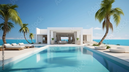 A stunning white villa perched on a hill, featuring a spacious pool and palm trees