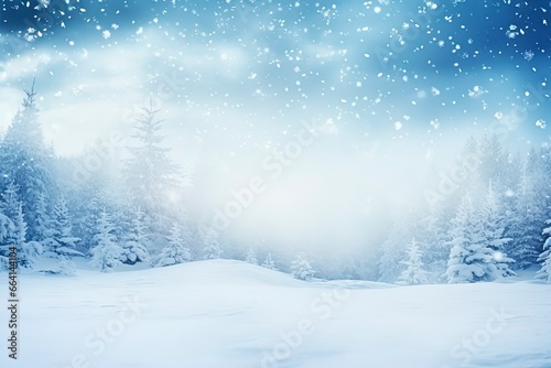 winter and christmas snowy background with snowdrifts and snow-covered blur forest. cold winter time, generative ai © Nia™