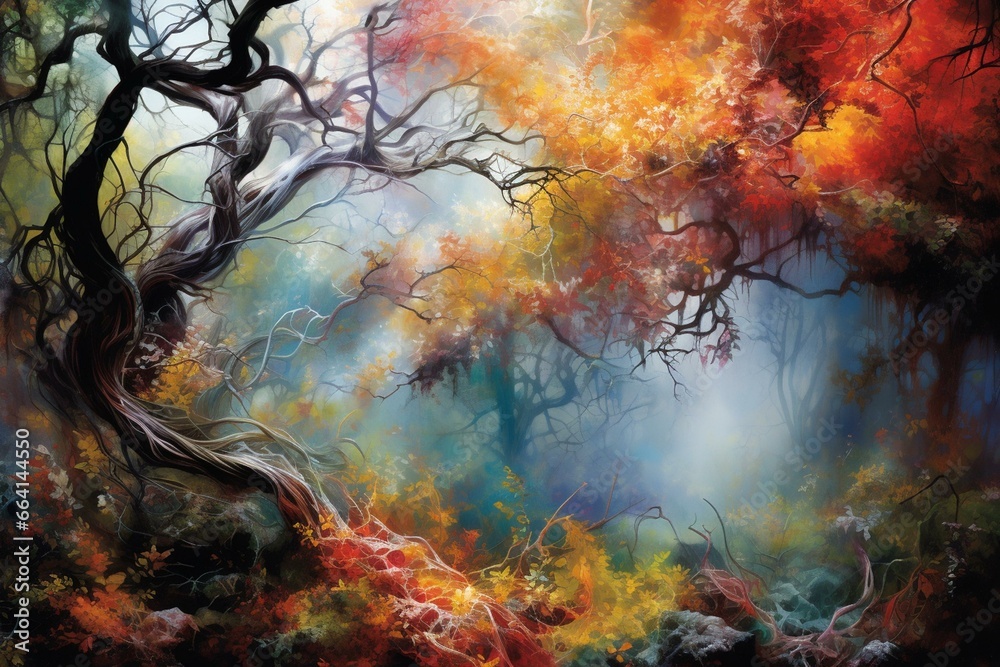 Enchanting forest, twisted branches, vibrant autumn leaves, spectral figures emerging. Generative AI