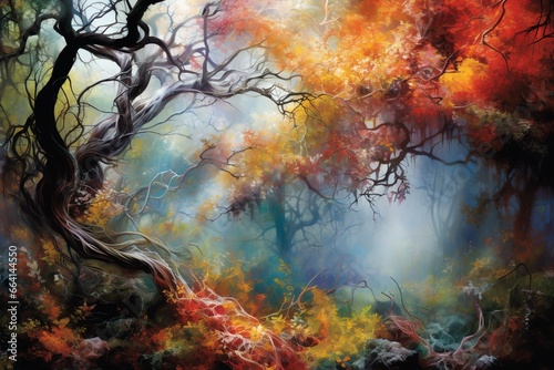Enchanting forest  twisted branches  vibrant autumn leaves  spectral figures emerging. Generative AI