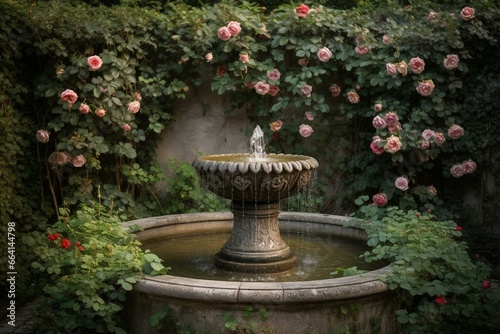 fountain with roses and ivy. Generative AI © Orla