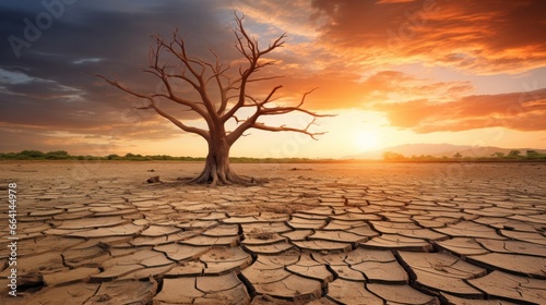 Dry cracked land with dead tree and sky in background a concept of global warming, environment, save, protect, earth, global warming, reduce, planet, growth, nature, ecosystem
