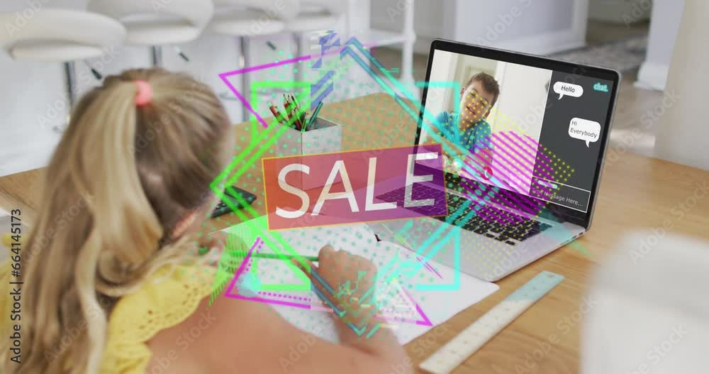 Animation of sale text and data processing over caucasian girl on laptop video call Animation of sale text and data processing over caucasian girl on laptop video call