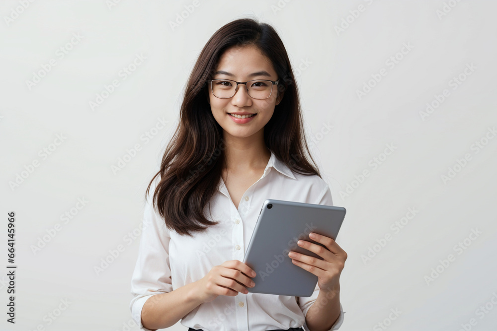 Image of young asian woman, company worker in glasses, smiling and holding digital tablet, standing over white background Image of young asian woman, company worker in glasses, smiling and holding digital tablet, standing over white background