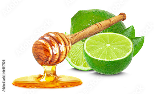 dripping honey and lime isolated on white background