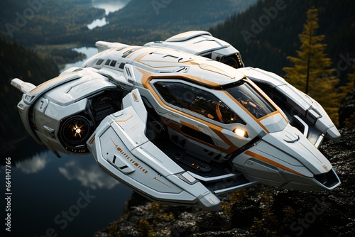 Futuristic air transport. Futuristic spaceship. 3D CG rendering of space ship. 