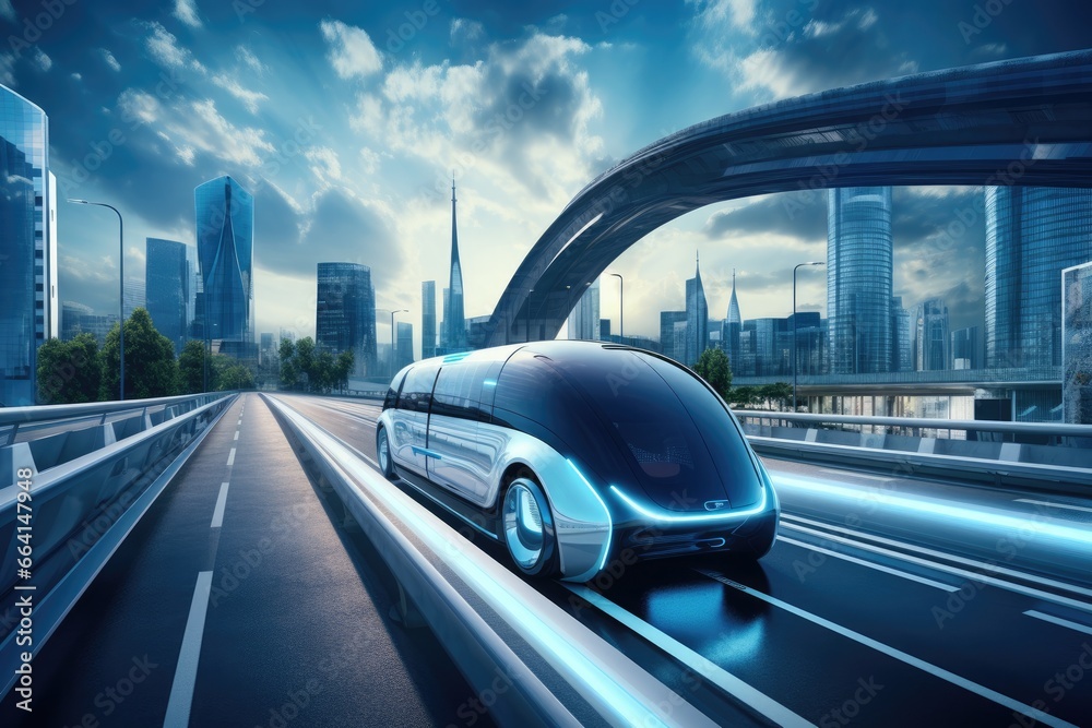 Naklejka premium Future car self-driving on the road in the city background.