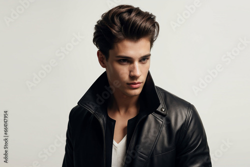 Stylish Man in Black Jacket with Fashionable Hairstyle: Luxury Against a White Background