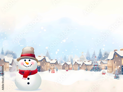 snowman and snow in little town, Christmas and New Year holidays background, Winter season, falling snow, copy space