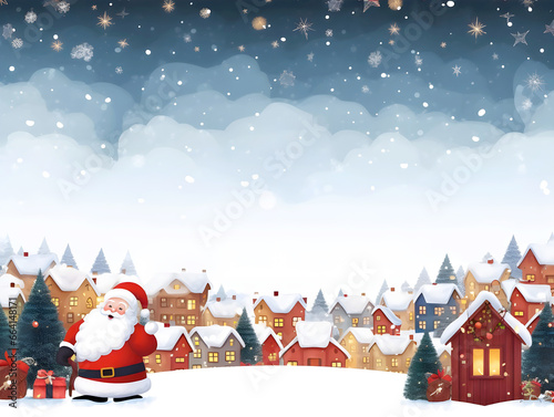 Santa claus and Snow in little town with shiny light for Christmas and New Year holidays background, copy space for text