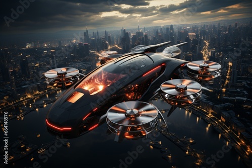 Futuristic air transport. Futuristic spaceship. 3D CG rendering of space ship.  