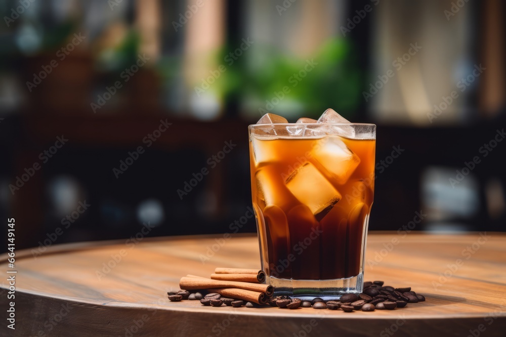 A refreshing glass of iced chai sits on a rustic wooden table, surrounded by the vibrant colors of a cozy cafe, inviting you to take a break A refreshing glass of iced chai sits on a rustic wooden table, surrounded by the vibrant colors of a cozy cafe, inviting you to take a break