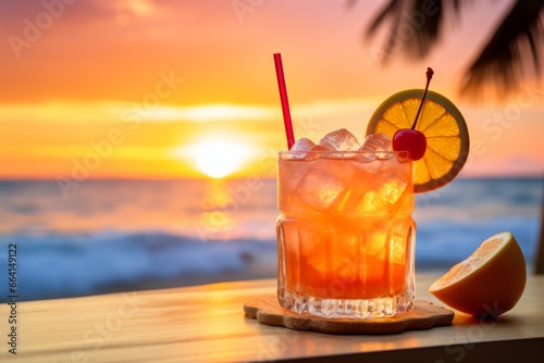 A vibrant, enticing glass of Sex on the Beach cocktail, garnished with fresh orange slices and cherries, sitting on a rustic wooden table against a picturesque backdrop of a tranquil beach at sunset