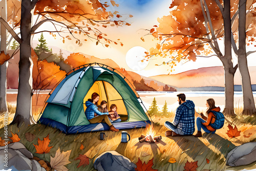 a father, mother, son, and daughter camping in a tent on a sunset autumn evening.
Generative AI